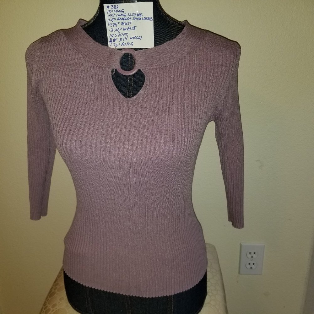 ✅NWOT August Silk Ribbed Purple Sweater Ring Neck Detail, Sz. PS, silk blend 388